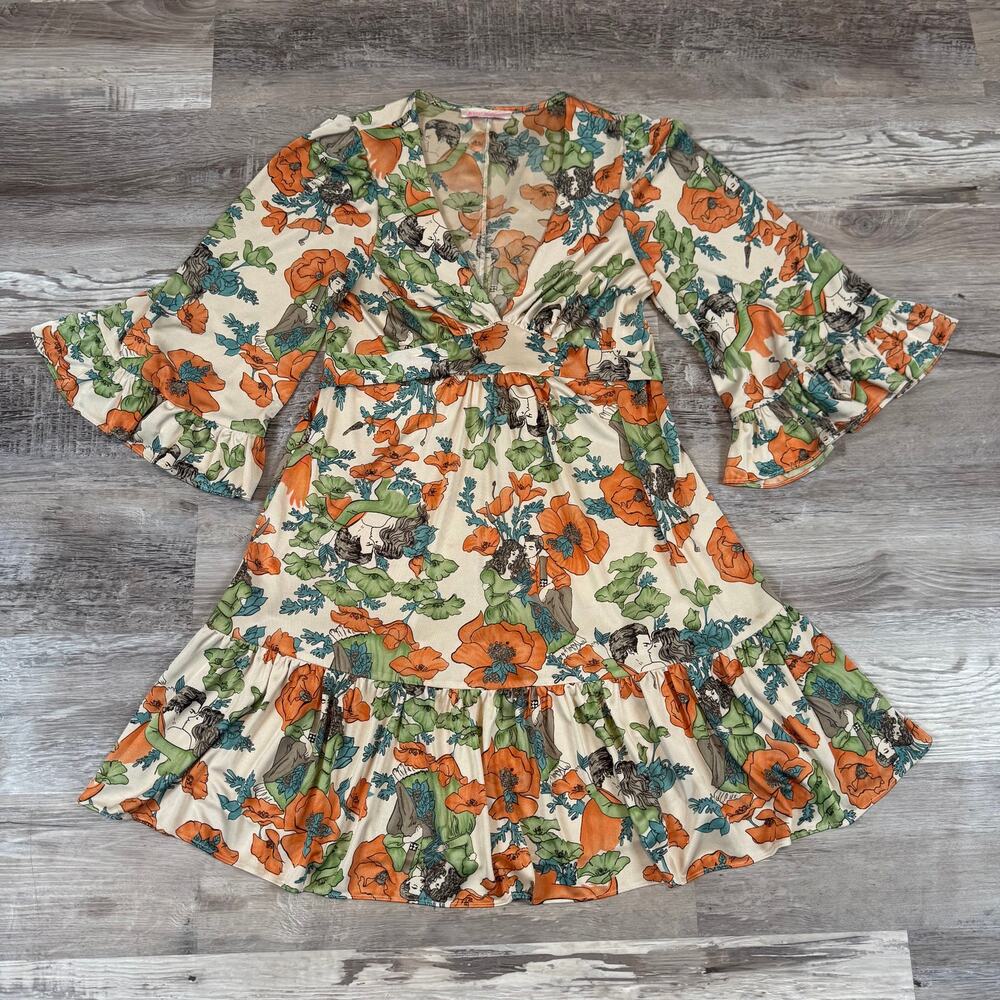 Vintage Y2K 90s Betsey Johnson Floral Novelty Print Mini Dress Fairycore Small